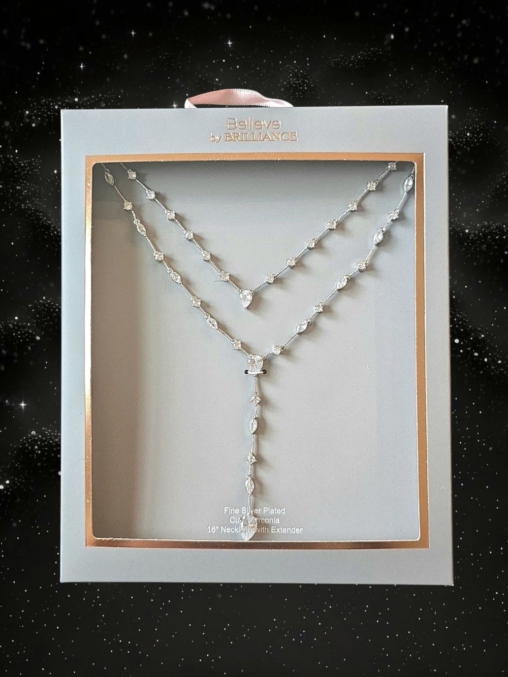 Believe by Brilliance Silver Layered Y-Necklace with White Stones